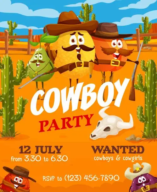 Vector illustration of Cowboy party flyer with Western fruit characters