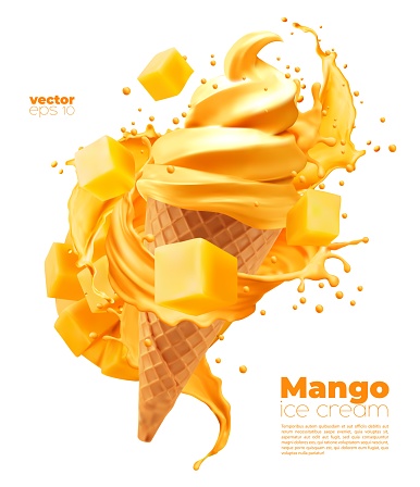 Isolated mango soft ice cream cone with splash. Vector realistic yellow icecream swirl in wafer cup with sauce drippings and flying fruit cubes. Sweet creamy dessert
