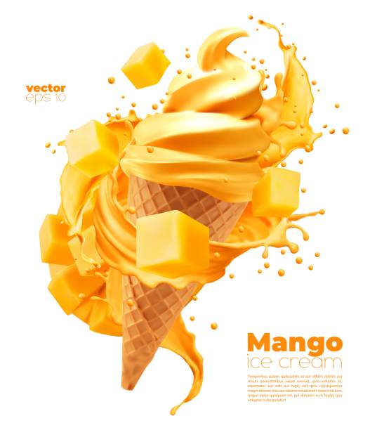 Isolated mango soft ice cream cone with splash Isolated mango soft ice cream cone with splash. Vector realistic yellow icecream swirl in wafer cup with sauce drippings and flying fruit cubes. Sweet creamy dessert whip cream dollop stock illustrations
