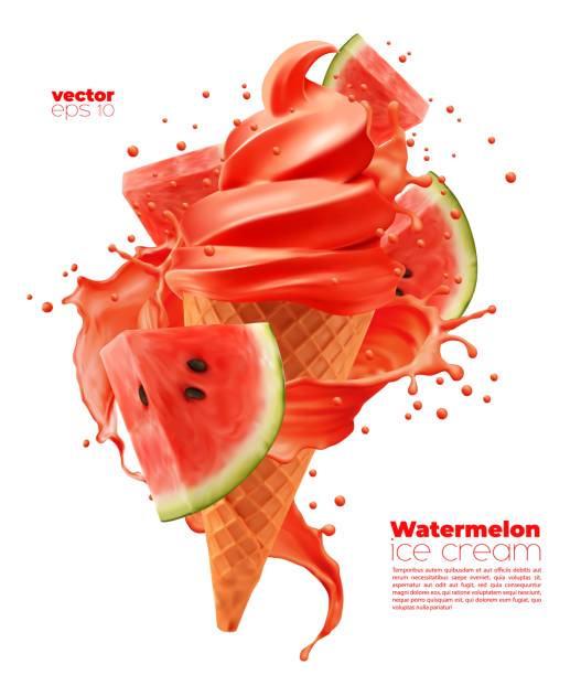 Isolated watermelon soft ice cream cone and splash Isolated watermelon soft ice cream cone with splash. Vector pulpy fruit slice and red dessert swirl in wafer cup with sauce whirls. Realistic sweet ice cream summer dessert whip cream dollop stock illustrations