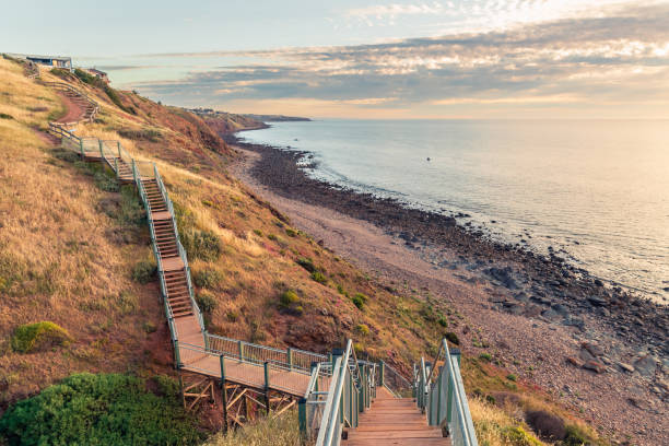 marion coastal walking trail bei sonnenuntergang - maroon stock-fotos und bilder