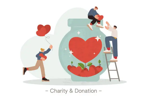 Vector illustration of Flat volunteers collecting red hearts in jar for donation and charity