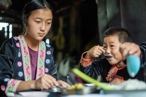 Hmong Hilltribe Family Children Eating Organic Food Chiang Mai, Thailand