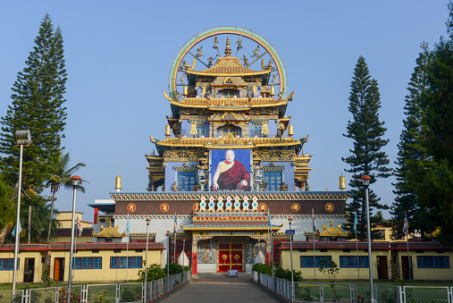 Coorg, India - January 8, 2014 - The Buddhist temple in the Tibetan settlement in Bylakuppe in Coorg, Karnataka India.