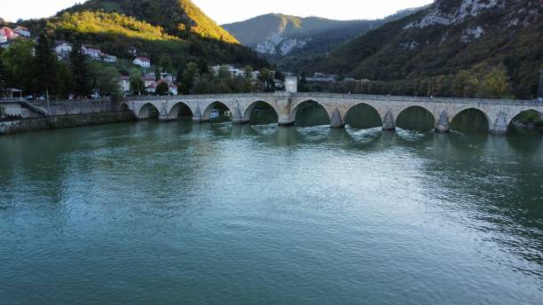 istock Aerial view of bridge over river Drina surrounded by dense trees 1434717130