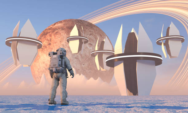 Astronaut discovering alien structure on remote planet stock photo