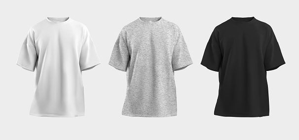 Mockup of a white, black and heather oversized t-shirt, with a round neck, 3D rendering, close-up, clothes for women, men, isolated on background. Template of fashion clothes, for branding, design