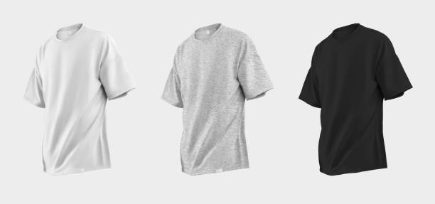 istock Set Oversized white, black and heather t-shirt template 3D rendering, men's, women's cotton apparel close-up, for design, branding, advertising 1434722881