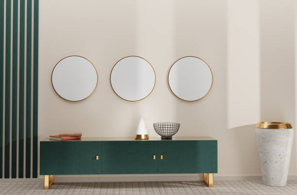 istock Beige-green interior with three round paintings, posters in a gold frame 1434723530