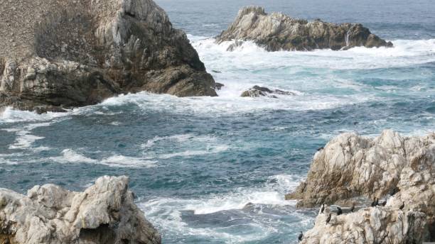 peñasco rocoso de acantilado, playa oceánica, point lobos, costa de california. olas rompiendo. - point lobos state reserve big sur california beach fotografías e imágenes de stock