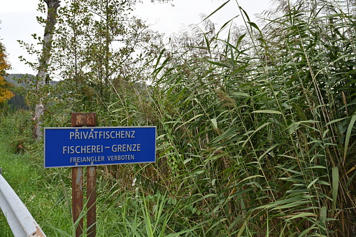 Blue signpost in German saying private fishing ground border free fishermen verboten. On the background there are reeds.