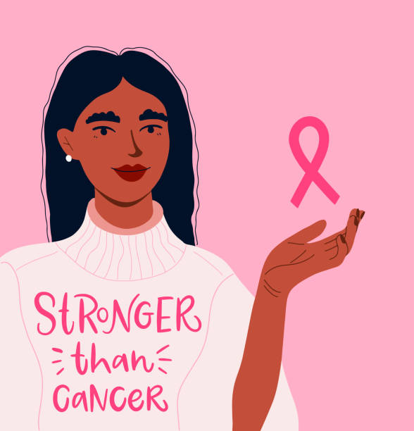 Breast Cancer awareness banner in October month. Woman is holding a pink ribbon in her hand. Calligraphy slogan of Stronger than cancer.  Pinktober flat vector cartoon illustration. Breast Cancer Awareness month in October. Female healthcare campaign. Illustration for social media, blog, post, poster, greeting card, web template design, flyer, graphic tee print. woman on colored background stock illustrations
