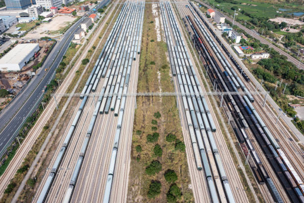 istock Railroad tracks full of trains 1434724908