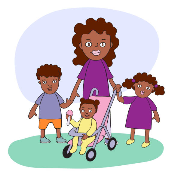 Afro Single Mother With Three Children Stock Illustration - Download Image  Now - 2-3 Years, 35-39 Years, 4-5 Years - iStock