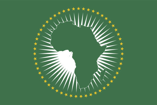 ilustraciones, imágenes clip art, dibujos animados e iconos de stock de bandera de la unión africana, mapa verde oscuro del continente africano, más la península del sinaí y las islas costeras, un sol blanco, rodeado por un círculo de 55 estrellas doradas de 5 puntas, un campo verde oscuro - 5pointed