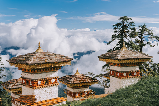 Druk Wangyal Khangzang Stupa with 108 chortens, Dochula Pass, Bhutan. Dochula pass is located on the way to Punakha from Thimphu