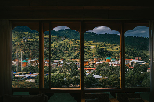 Looking Through Window Bhutan Thimphu padi field and villages