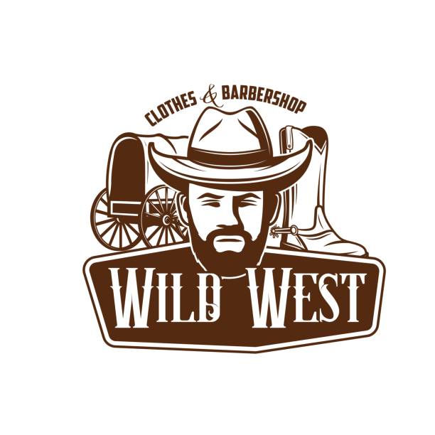 와일드 웨스트 카우보이 아이콘, 가죽 모자, 웨스턴 부츠 - cowboy hat hat wild west isolated stock illustrations