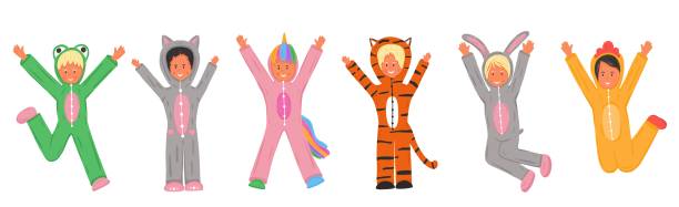 ilustrações de stock, clip art, desenhos animados e ícones de cute kids set in kigurumi pajama. onesie party - onesie