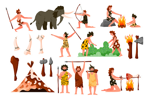 Primitive caveman. Stone age. Animal hunters. Neolithic cave people tools. Primeval children. Women cooking on fire. Men hunting mammoths. Bone weapon. Tribal persons. Vector cartoon Paleolithic set