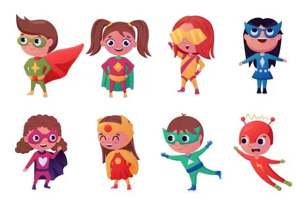 Vector illustration of Super hero kids. Magic children. Girls and boys play in superheroes. Heroic comic characters set. Colorful costumes and masks. Fantastic justice fighters. Vector cartoon recent illustration