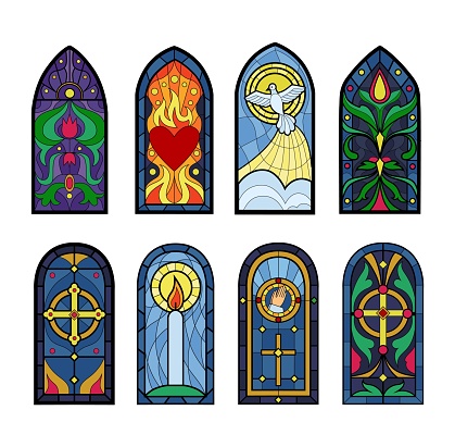 Fantasy stained-glass windows. Old book print. Renaissance architecture cathedrals. Art gothic paper. Ancient shapes. Medieval church mosaic colorful glasses set. Vector abstract tidy silhouettes