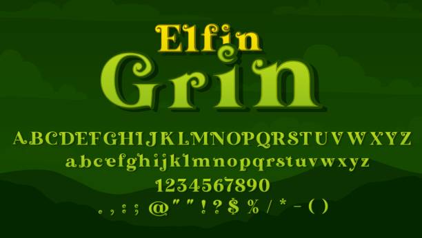 Magic font, Medieval typeface or fairy tale type Magic font, Medieval typeface or fairy type alphabet, vector fantasy typography text. Cartoon magic font and ABC letters for fairy tale of elf or elfin grin, Medieval green typeface with curly symbols fantasy font stock illustrations