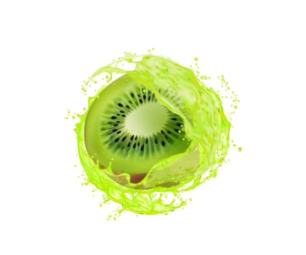 illustrazioni stock, clip art, cartoni animati e icone di tendenza di fetta di kiwi con spruzzata di succo fresco - exploding juicy liquid energy