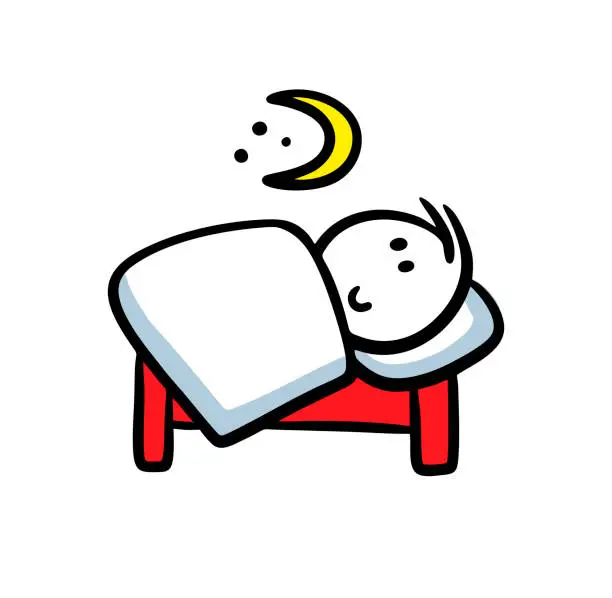 Vector illustration of Cute man lying on the bad under the blanket and looking on the moon.