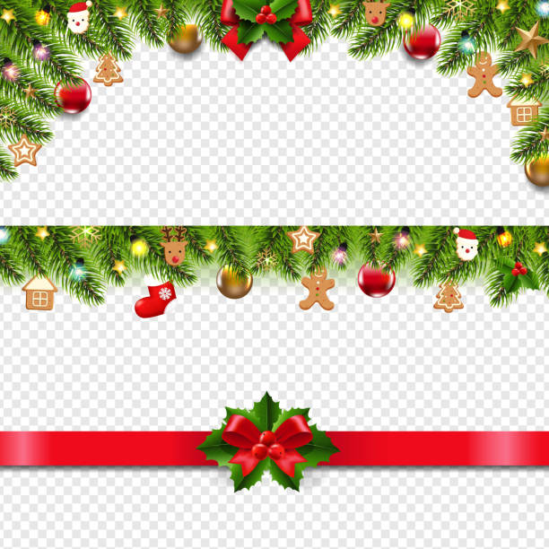 크리스마스 장난감과 전나무 투명한 배경과 크리스마스 테두리 - holly christmas frame christmas decoration stock illustrations