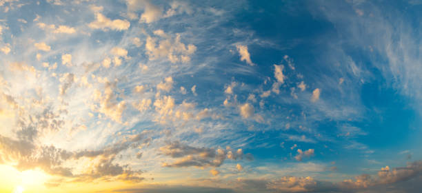 istock Dramatic evening sky with small clouds. Clouds illuminated by the sun in orange-yellow tones. Romantic twilight landscape. Wide angle panorama. 1434737508