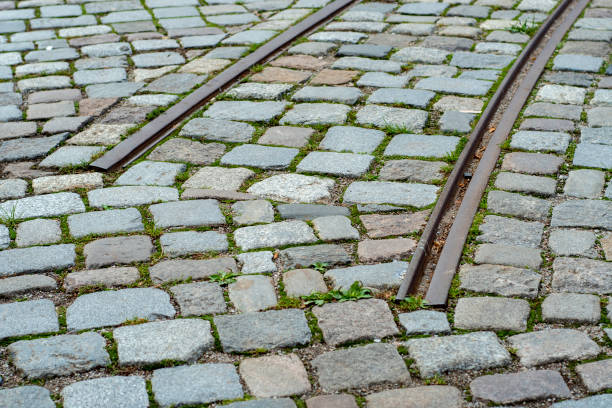 istock Rails passing through the paving stones in the city. Suddenly ending tram tracks. End of the journey. There is nowhere to move further. 1434737560