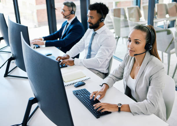 diversity, call center and customer support team or people with telemarketing, contact us and consulting worker working. consultant, communication and happy insurance service employee with headset. - women customer service representative service standing imagens e fotografias de stock