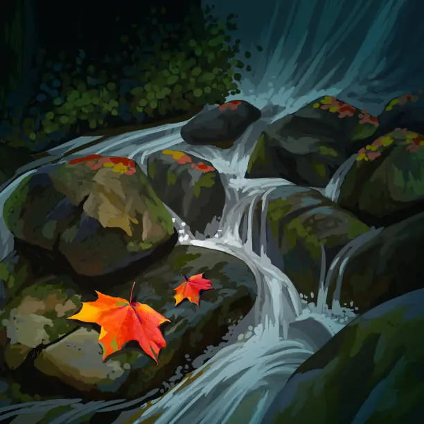 Vector illustration of Beautiful Waterfall in Autumn season