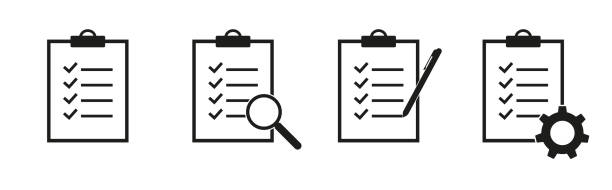Print Clipboard vector icons. Checklist with gear, checkmarks, magnifier and pencil. Quality check line sign. Isolated Vector Illustration eps10 charter document stock illustrations