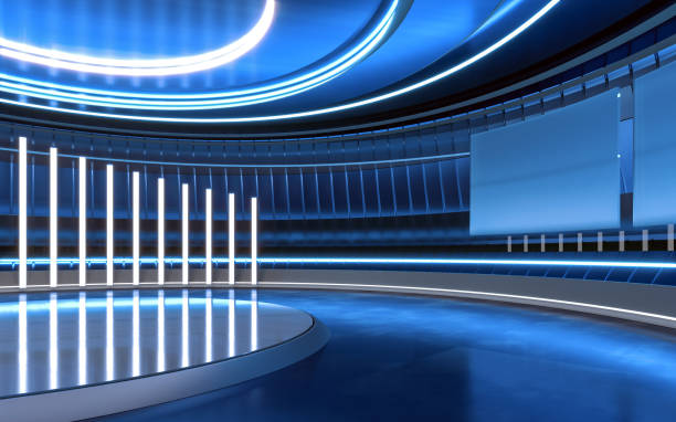 istock Television studio background, with circular blue walls and bright lighting 1434741658