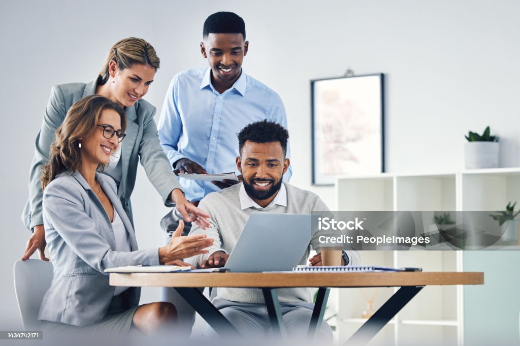 Laptop ppt presentation, business meeting and team working on review for new digital website design, planning group marketing strategy. Diversity corporate people in collaboration for online project Teamwork Stock Photo