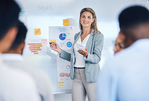 Sales, marketing and b2b strategy of business woman speaker giving a presentation to work crowd. Corporate advertising seminar with female present sale analytics and logistics chart on white board