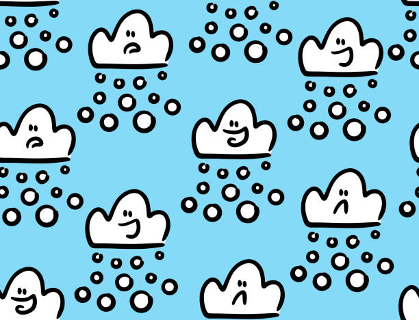 Seamless pattern of cartoon doodle clouds in the sky and snow fall. Seamless pattern of cartoon doodle clouds in the sky and snow fall. Vector illustration of winter nature. background of the sad face black and white stock illustrations