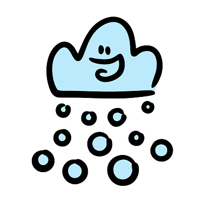 Happy face winter clowd and falling snowballs from the sky. Vector sketch of doodle nature element.