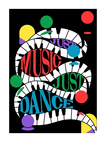Poster for music festival. Psychedelic modern cover with abstract geometric shapes, piano keys and lettering. Just music just dance. Cartoon flat vector illustration isolated on white background