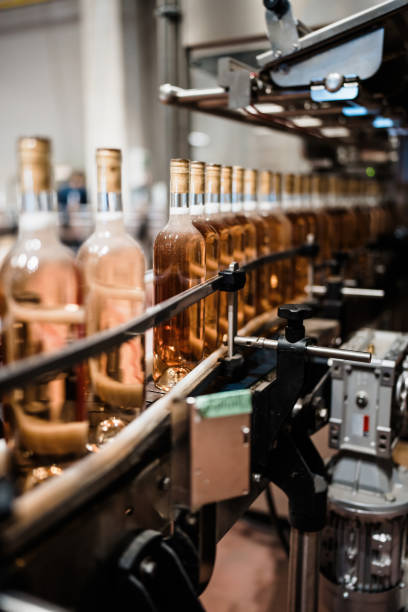 linea di produzione di imbottigliamento vino industriale - bottling plant winery wine industry foto e immagini stock