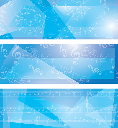 blue vector backgrounds with abstract music notes and geometric shapes - set of banners