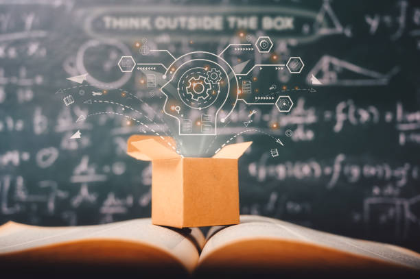 think outside the box on school green blackboard . startup education concept. creative idea. leadership. stock photo