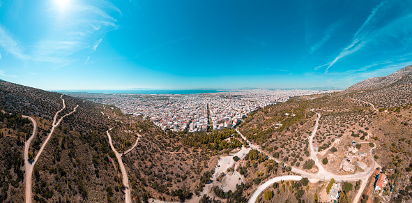 Aerial panoramic photo of south of Athens, Vouliagmeni, Voula, Glyfada from the mountain of Imittos