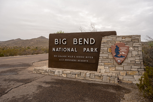 Big Bend National Park, United States: January 20, 2021 Big Bend National Park Entry Sign At Angle on Cloudy Day