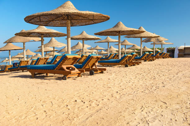 istock Beach with sunbeds, umbrellas and yellow sand. 1434755638