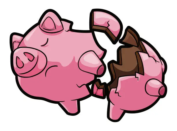 Vector illustration of Empty and Broken Piggy Bank, Vector Illustration