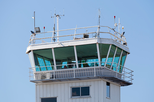 Morlaix, France - September 18 2022: Air traffic control tower of the airport of Morlaix - Ploujean.