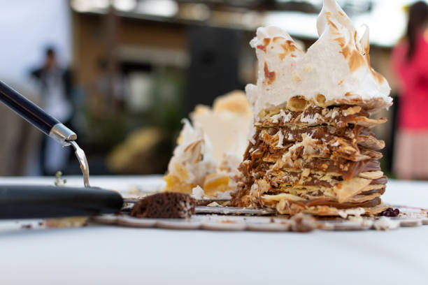 Remains of a rogel cake, with copy space. Final concept of party.